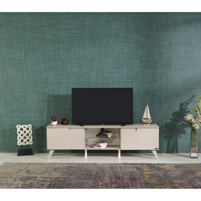 Denver Mid Century Modern Tv Stand 2 Door Cabinets 1 Glass Shelf 66 Inch Tv Unit, Beige