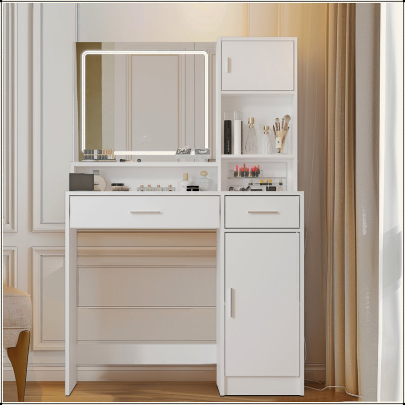 Bureau de coiffeuse avec miroir et bande lumineuse à DEL, coiffeuse avec grand tiroir, commode de rangement à 3 niveaux et 3 modes d'éclairage à luminosité réglable, convient à la chambre à coucher