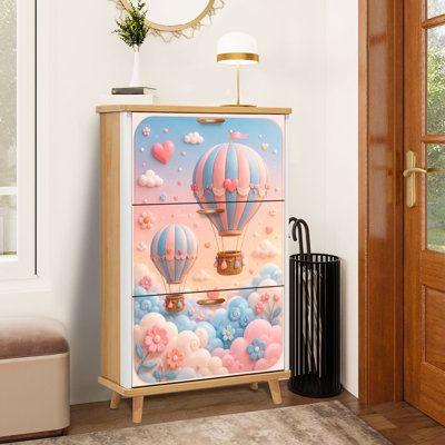 Shoe Storage Cabinet with 3 Flip Drawers for Whimsical Hot Air Balloons Hearts Pastel Clouds Dreamy Sky Shoe Rack Storage Organizer