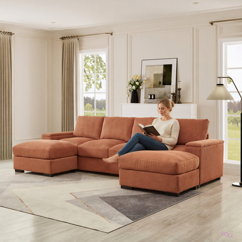 Canapé d'angle modulaire en forme de U Cloud de 122 pouces, canapé-lit en velours côtelé pour salon, moderne, petit espace, montage facile, 4 places avec 2 poufs