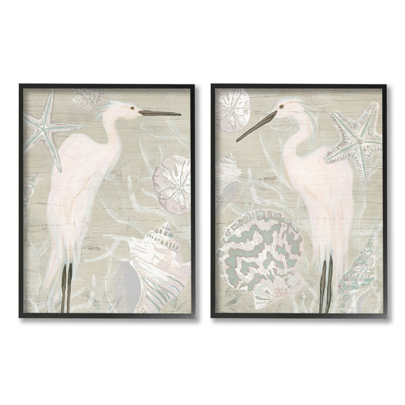 White Heron Nautical Seashells Rustic Starfish Wildlife, Giclée encadrée noir minuit, L 11 po x H 14 po