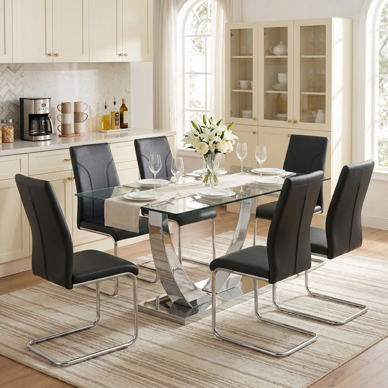 Ensemble de salle à manger 7 pièces, 7 Pieces: Table, 6 Chairs, Black, 30" H x 63" W x 35" D