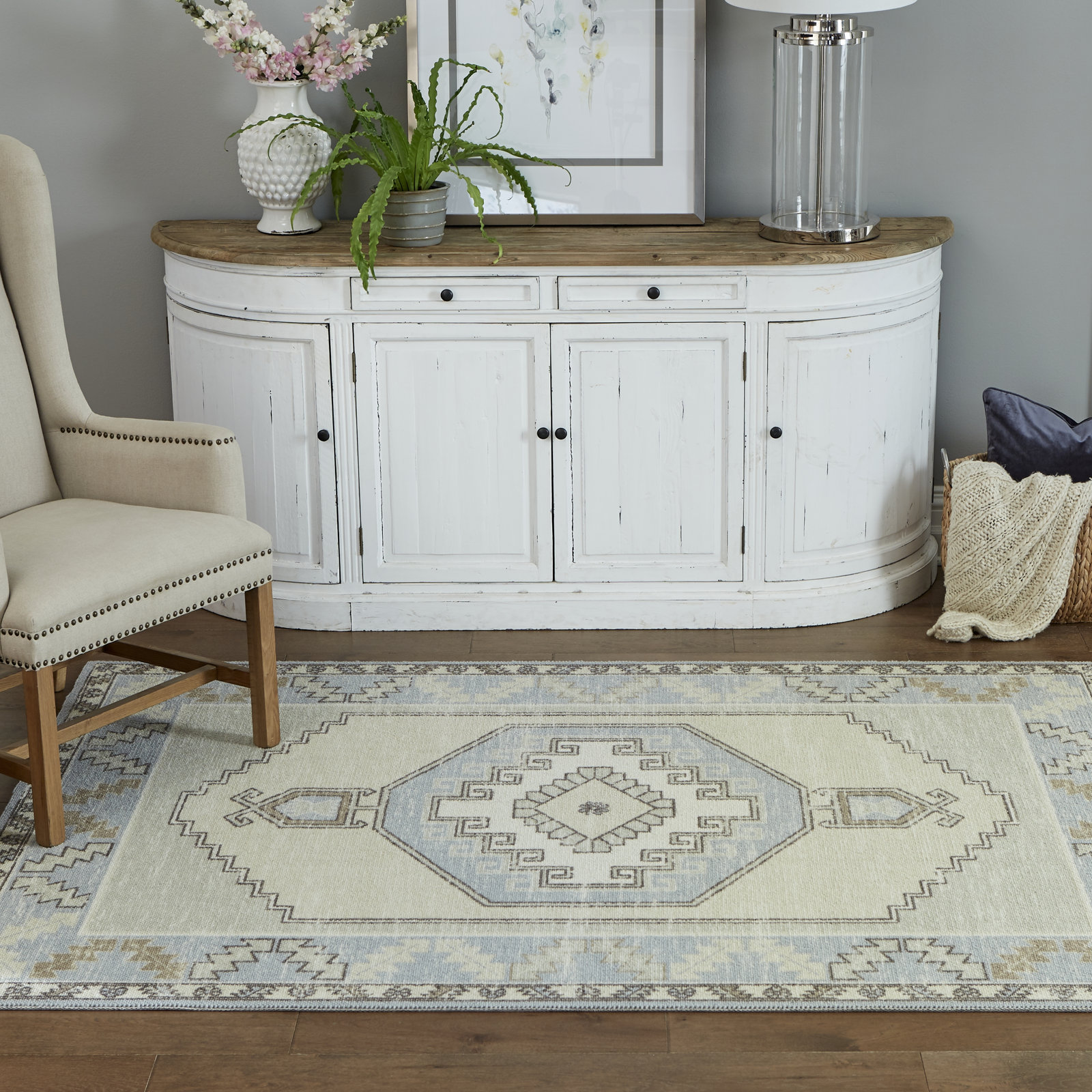 Fletcher Light Blue Beige Oriental Rug, Rectangle 7'9" x 9'10"
