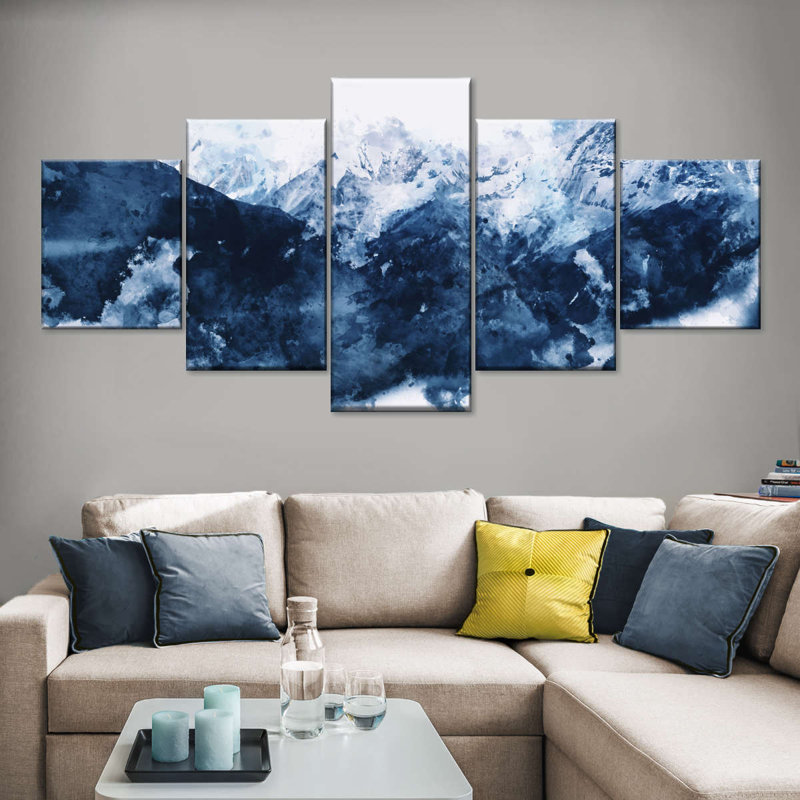 Paysage abstrait montagnes enneigées, impression sur toile, 5 pièces, H 36 po x l 80 po x P 1 po