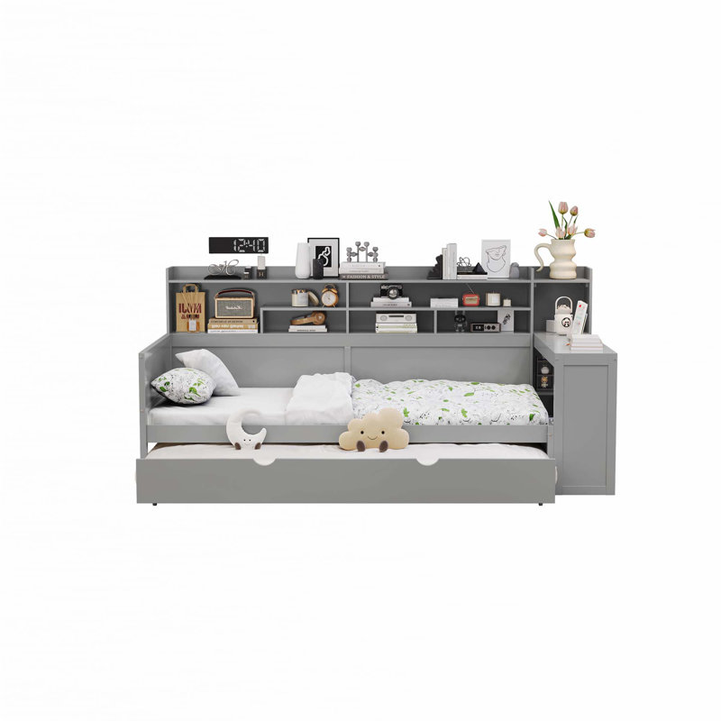 Daybed with Storage Shelves, Multi-functional Bed with Twin Size Trundle Bed and Study Desk, Gray, Twin