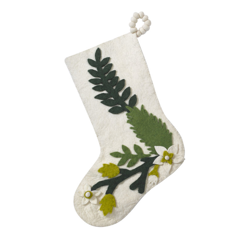 Hand Felted Wool Christmas Stocking with Green Leaves on Cream