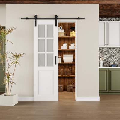 White Primed 6-Lite Frosted Glass Sliding Barn Door With Installation Hardware Kit/No Assembly Required