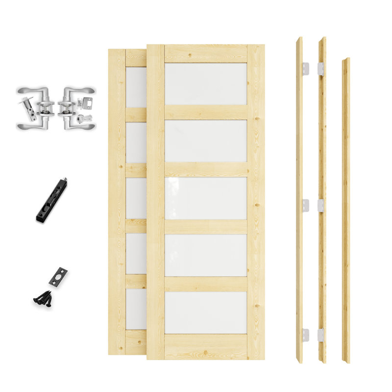 Porte française intérieure de 60 po x 80 po, portes en bois de pin et verre givré trempé 5-Lite, bois de pin massif à peindre sans finition, ensemble de cadre complet, charnières en nickel satiné, 4 leviers courbés et loquet, fabrication en bois de pin naturel robuste et verre d'intimité et en verre givré