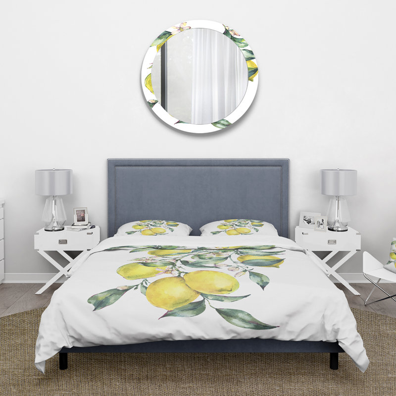 Branche de citrons jaunes et feuilles I - ensemble de housse de couette tropical - microfibre de polyester