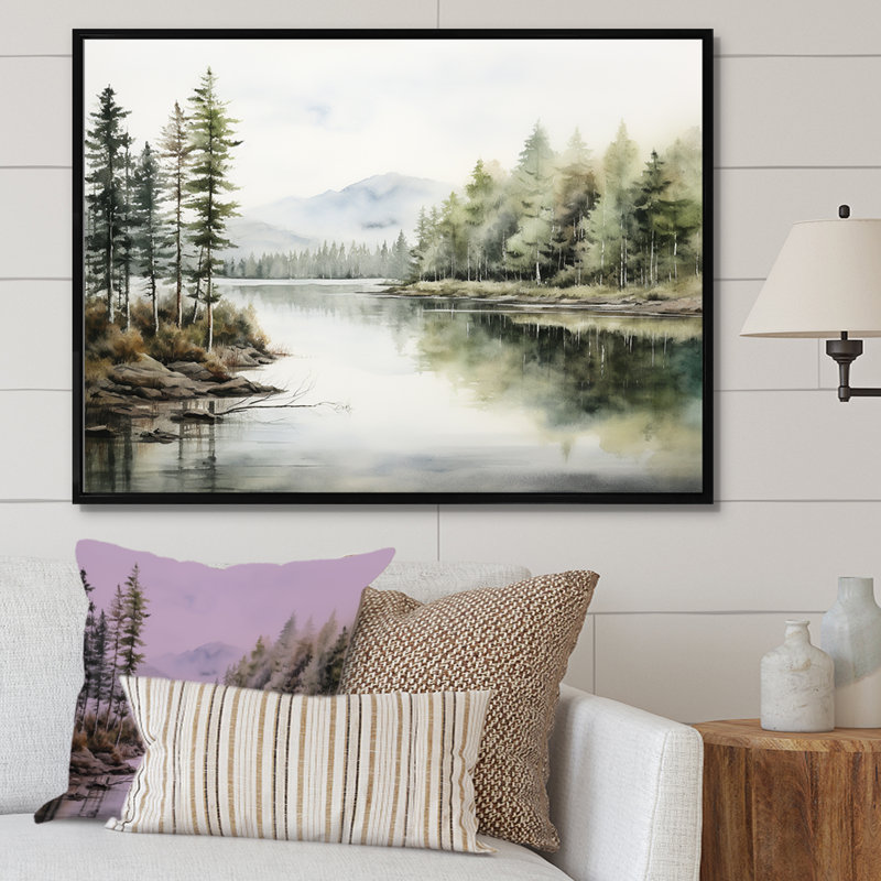 Scandinavian Lake Tranquility sur impression sur toile, Cadre flottant noir, H 34 po x l 44 po x P 1,5 po
