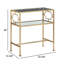 Table d'appoint rectangulaire en métal doré antique et verre trempé transparent avec tablettes à deux niveaux, support structurel de style H, patins de plancher, 21,6 lb, tablettes de 13,25 po de profondeur