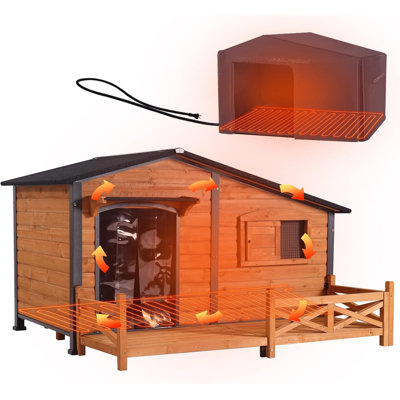 Très grand chenil d'extérieur isolé pour chien chauffé de 60 po avec coussin chauffant sécuritaire, structure en métal résistant à mâcher et doublure isolée pour les grandes races de chien, L 60,37 po x l 50,36 po x H 35,43 po (brun)
