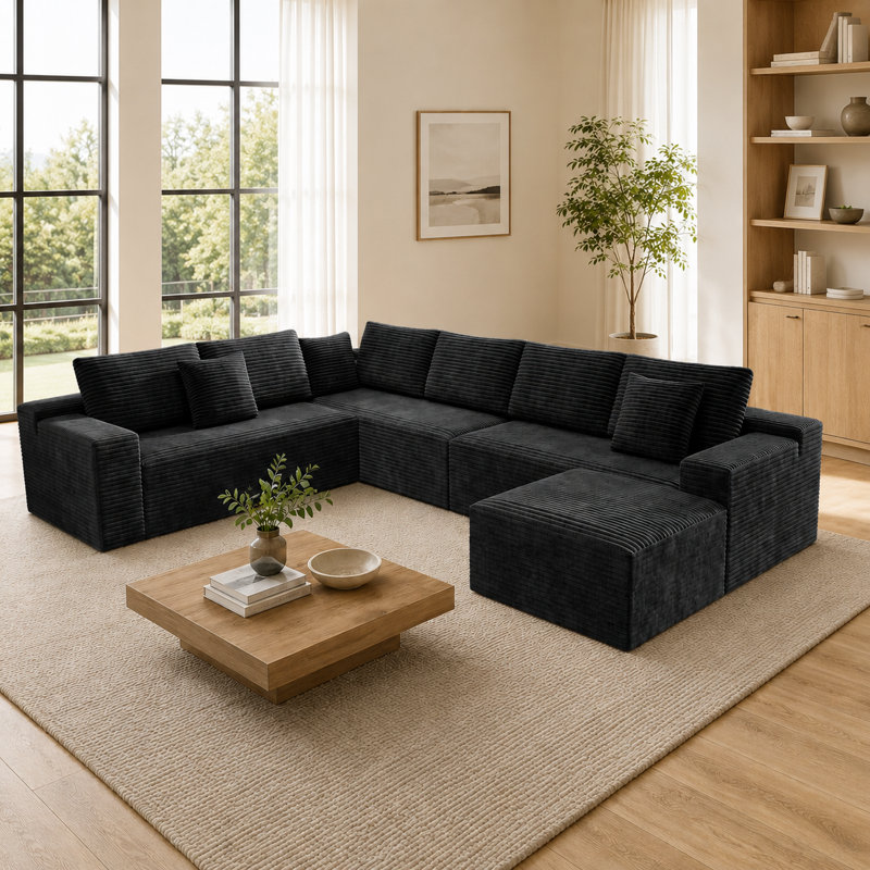 Koli Boneless 138" U-shaped Sectional Couch, Compression Cloud Couch Sofa for 7 Person, Corduroy, Black Velvet