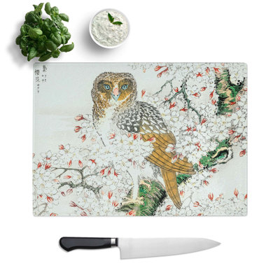 Tempered Glass Short-Owl and Cherry Flower by Numata Kashu Chopping Board