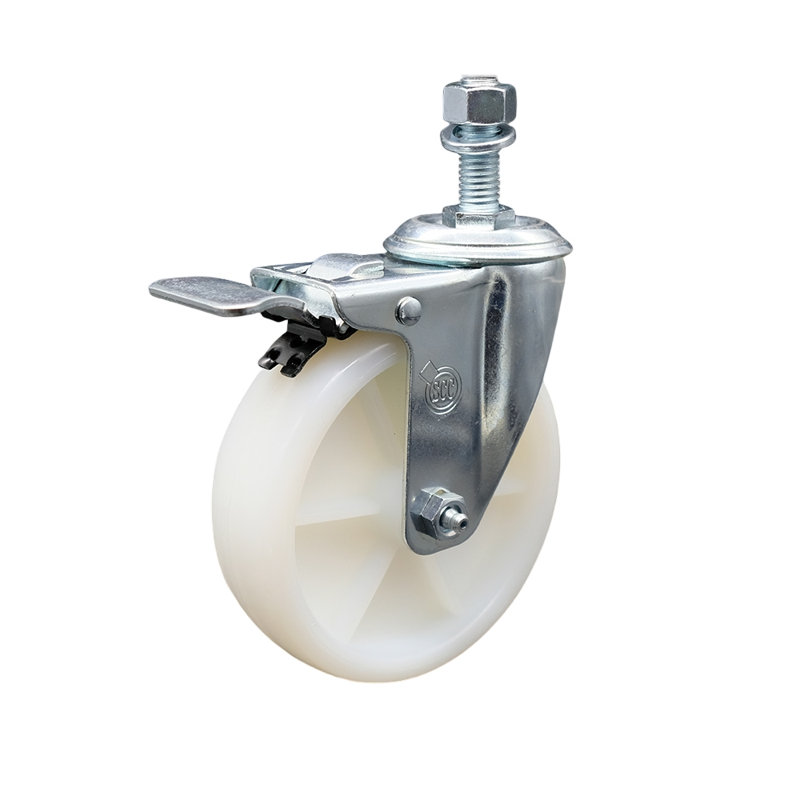 Roulettes pivotantes à tige filetée en nylon de 5 po et pivotant de 12 mm avec frein à blocage total