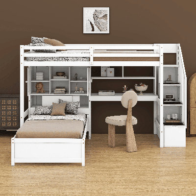 Wood Twin Over Twin Size Bunk Bed With Built-In Desk, Storage Compartments, Shelves And Staircase