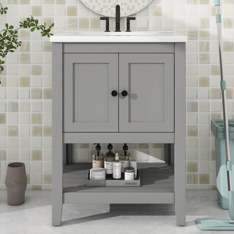 Meuble-lavabo de 24 po avec lavabo, petit meuble-lavabo avec lavabo en céramique, structure en bois massif et tablette ouverte