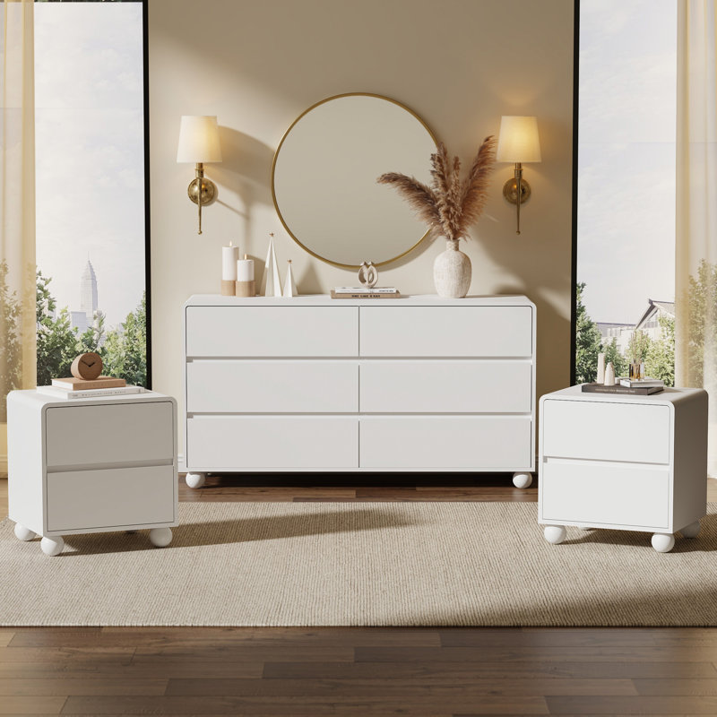 Ensemble de chambre à coucher 3 pièces, commode 6 tiroirs et ensemble de table de chevet 2 pièces, White