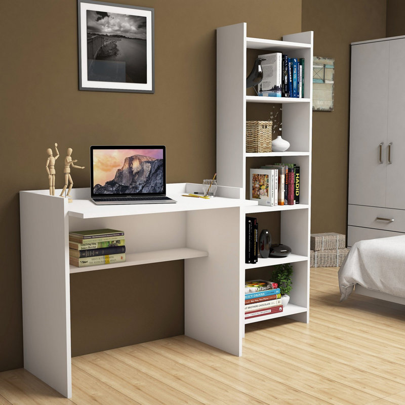 Modern Study Desk & Bookshelf Set, White, 35.4 x 31.5 x 22.8 inches | 100% Melamine Coated Particle Board, Desk Height: 31.5 inches, Bookshelf Height: 63.0 inches | Multiple Shelves, Wall-Mountable, Stylish & Functional Design