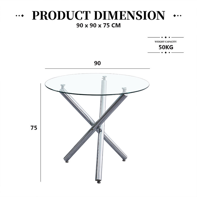 Supat Round Glass Top Metal Base Dining Table, Silver