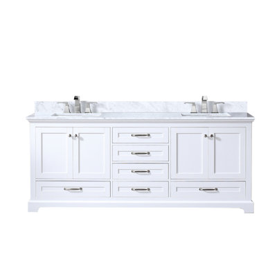 White Double Bath Vanity 80 In. W X 22 In. D, Carrara Marble Top, And Faucet Set
