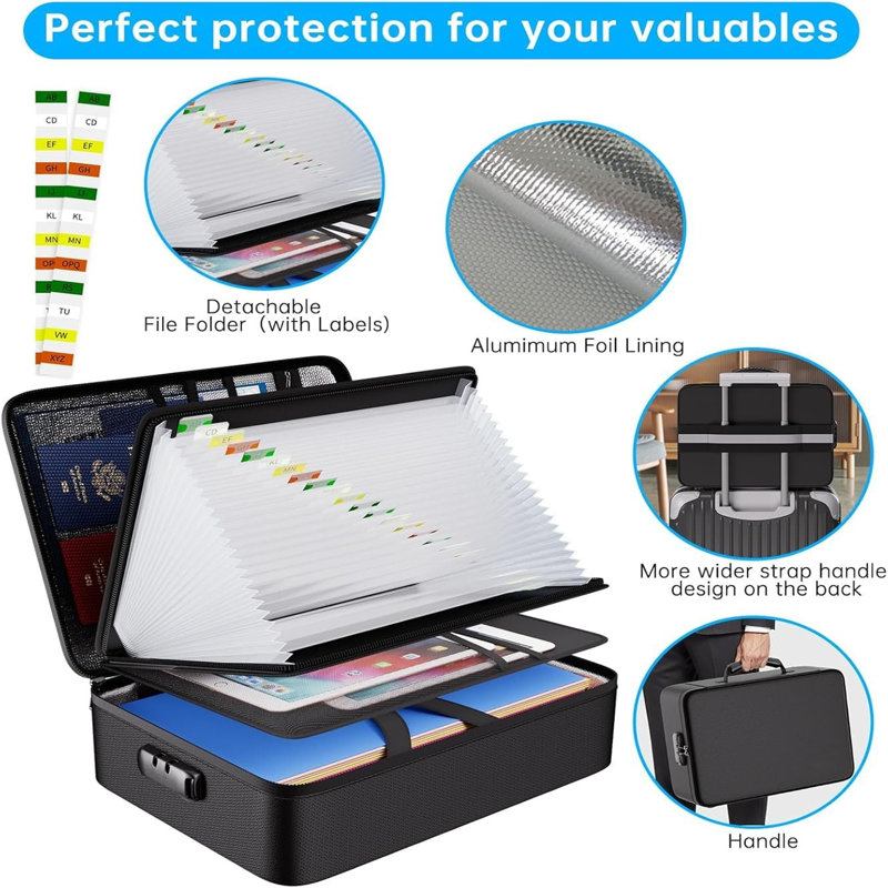 Fireproof Document Box,Portable Home Fire Safe Storage Box Case with Lock, 13" H x 41" W x 30.5" D