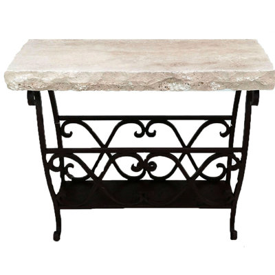 Hartfield Mediterranean Chiseled Marble End Table with Hand-Forged Wrought Iron