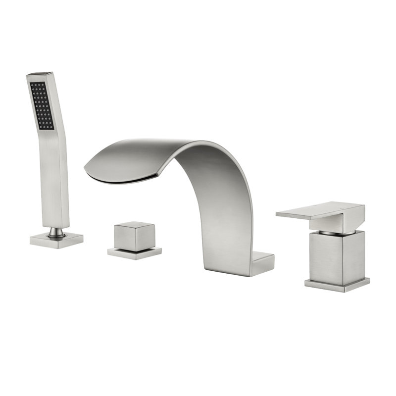Modern Roman Tub Faucet With Hand Shower, Waterfall Deck Mount Bathtub Filler Faucet With Sprayer, Widespread 4-holes Tub Shower Faucet Set