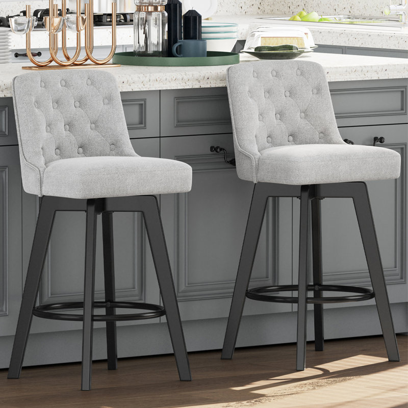 Minceta Swivel Bar Stools Set Of 2, 30 Inch Counter Height Upholstered Barstools With Low Tufted Back & Footrest, Performance Fabric For Kitchen Island Home Bar Greige