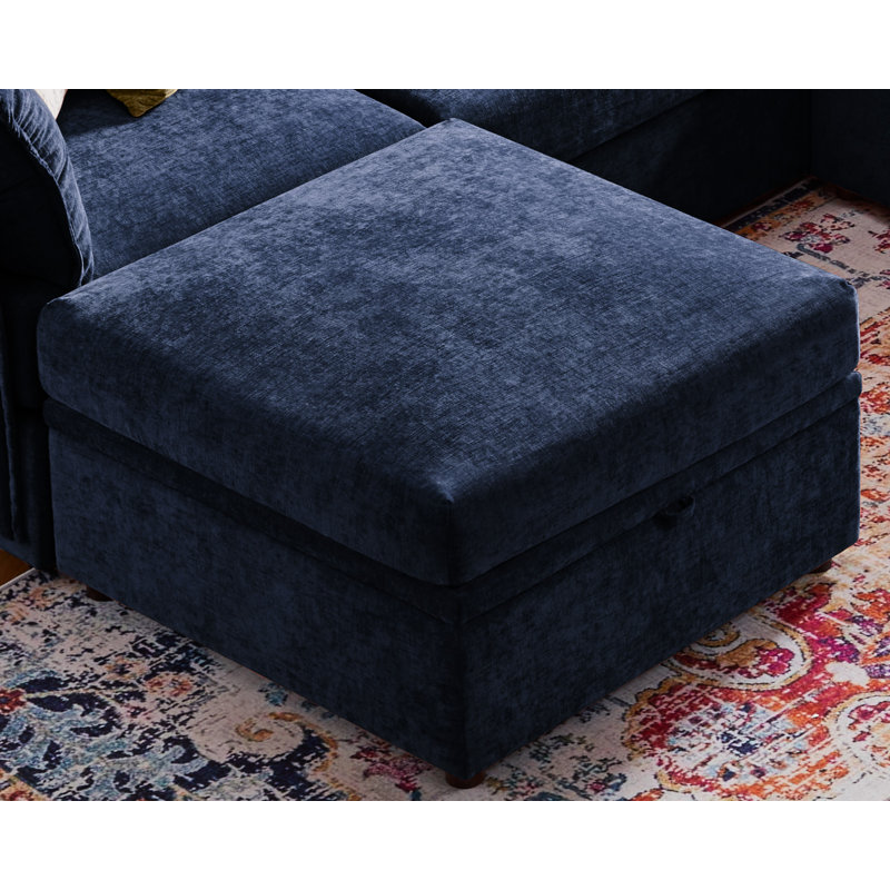 Merchelle 103" Wide Reversible Modern Modular Sectional Sofa With Storage Ottoman -Premium Chenille Fabric, Blue Chenille