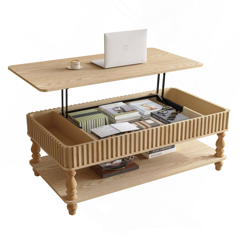 Table basse cannelée avec rangement, Bois naturel