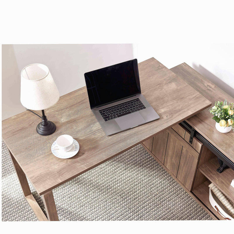 Bureau en forme de L Bureau de travail à domicile attaché crédence de rangement porte de grange coulissante finie à l'arrière réversible noisette