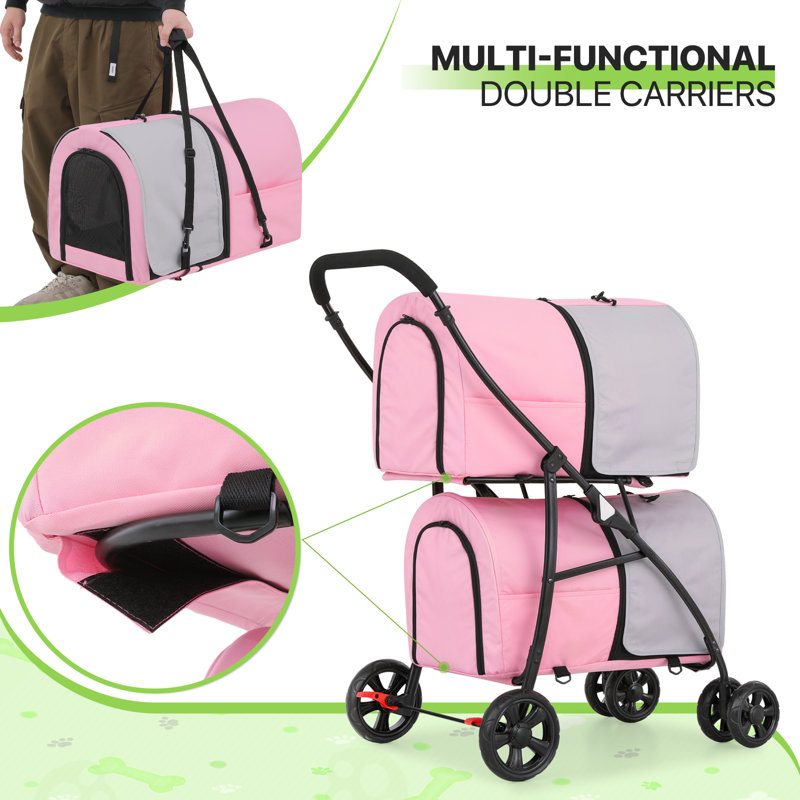 Pink and Gray 4-in-1 Folding Double Pet Stroller for Small to Medium Dogs and Cats