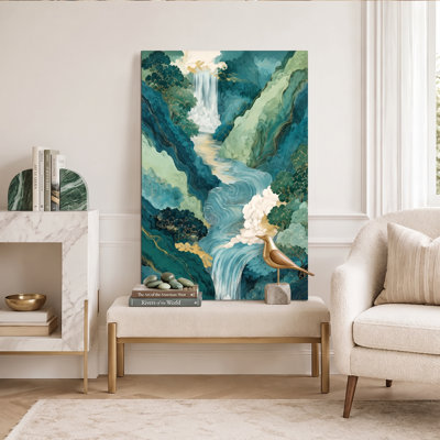 Toile abstraite moderne avec cascade de montagne et feuille d'or
