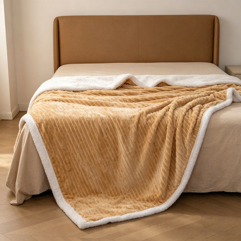 Striped Flannel & Sherpa Large Size Throw Blanket, Soft & Cozy Warm Blanket for Bed, 220 X 240CM, Camel