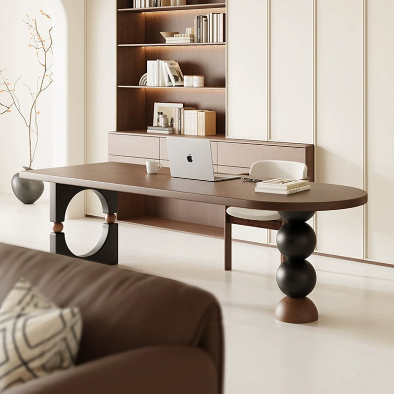 Bureau brun en demi-cercle en bois massif, 29.53"H×62.99"L ×23.62"W