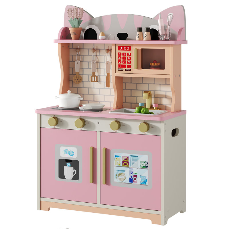 Wooden Play Kitchen For Ages 3-8 Babies, Cat Design Kitchen Playset With Microwave, Stove, Sink, Clicking Knobs, Kids Children Pretend Toy For Boys And Girls, Pink