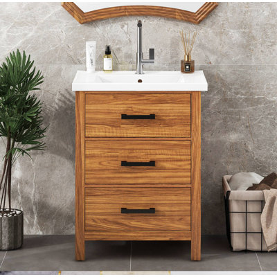 Meuble-lavabo de salle de bain avec 3 tiroirs et lavabo en céramique - Armoire autoportante moderne, tiroir basculant