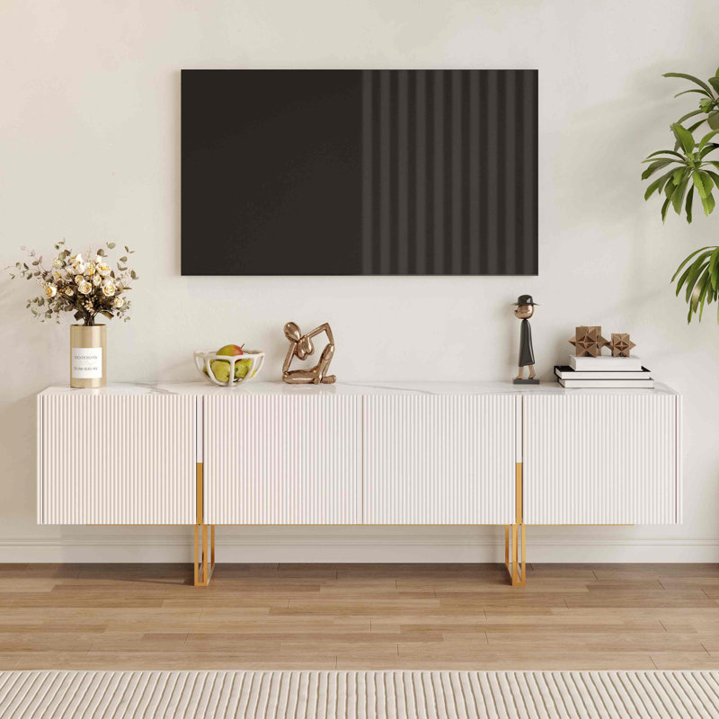 Eddyson 78.7'' Modern TV Stand with Storage Cabinet, Entertainment Center with Stainless Steel Legs, Beige/Cream/Gold