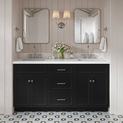 Meuble-lavabo double autoportant de 67 po avec plateau en quartz blanc Hamlet