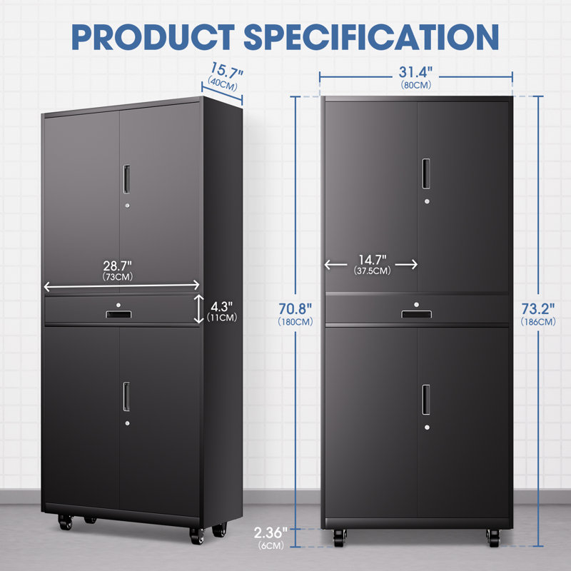 73" Lockable Heavy Duty Metal Storage Cabinet W/ Drawer&Adjustable Shelves, Black
