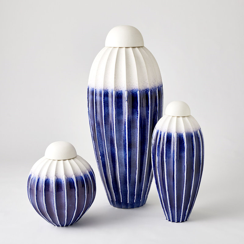 Fluted Handmade Ceramic Jar, 20" H x 15.5" W x 15.5" D, Deep Blue