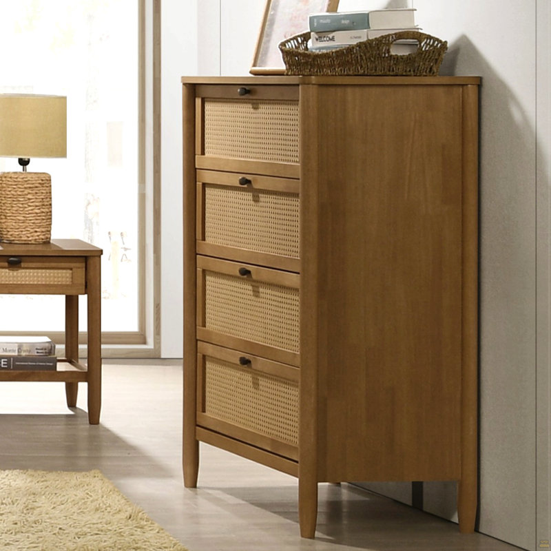 Commode 4 tiroirs en bois et rotin