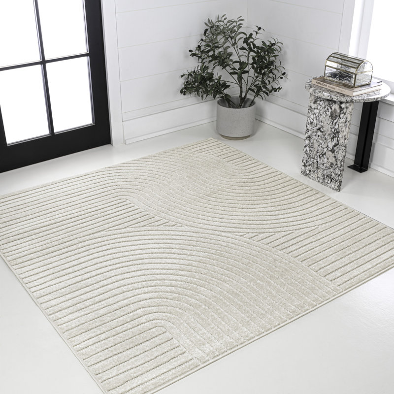 Atzi High-Low Minimalist Curve Geometric Ivory/Cream Indoor/Outdoor Rug, Square 7'9"