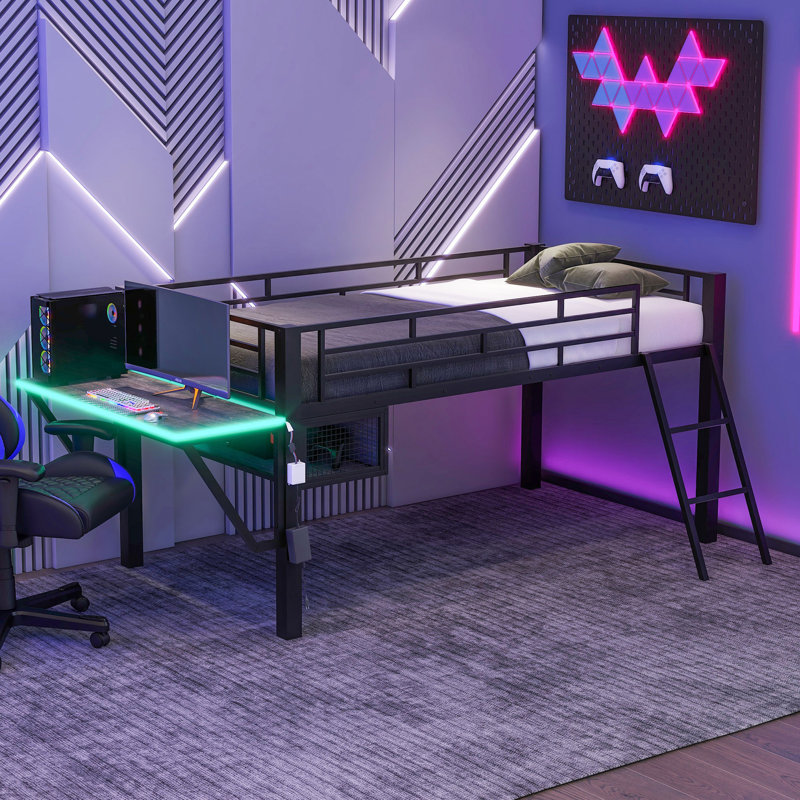 Lit mezzanine avec bureau Gaming, éclairage DEL et rangement, conception peu encombrante pour les personnes, noir
