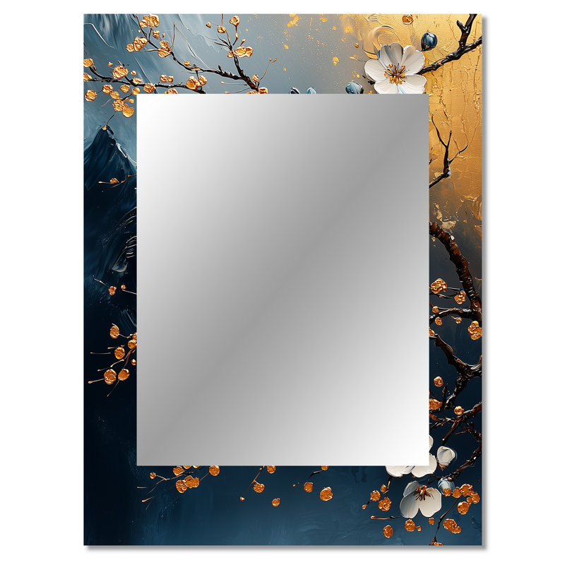 Gold And Blue Cherry Blossom Tree Scenery I - Cherry Blossom Decorative Wall Mirror, Traditional Large Mirror, Printed Metal Art