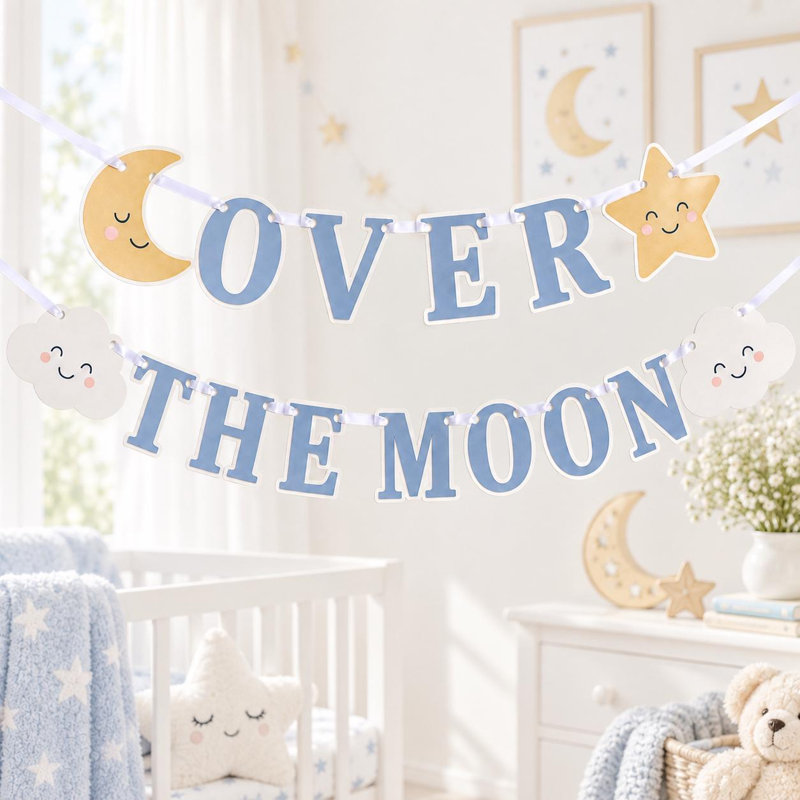 Over the Moon Baby Shower Banner, Celestial Garland, Cardstock Nursery Party Decor