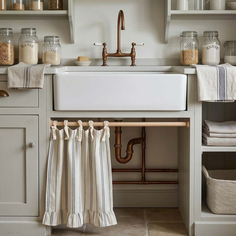 Jupe de four à rayures style ferme, rideau de porte de four décoratif en coton et lin avec attaches en ruban et ourlet à volants, rideau à rayures neutres pour cuisine et placard