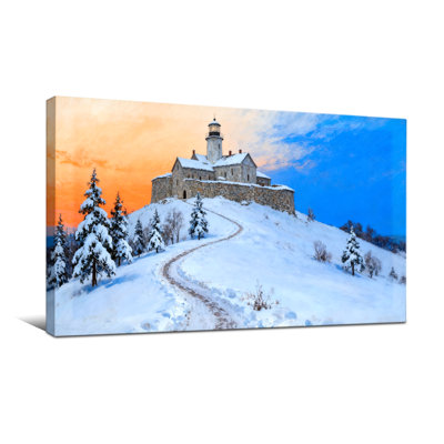 Christmas Snowy Castle On Hill At Sunset