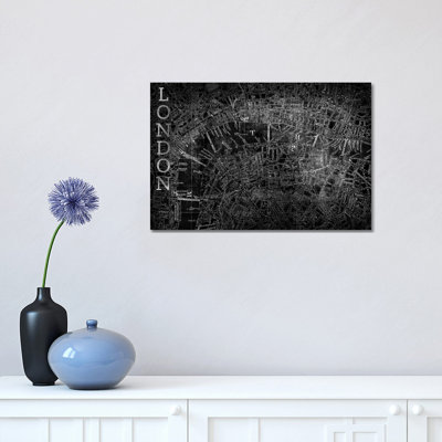 Map London, Vintage In Black - Wrapped Canvas Print